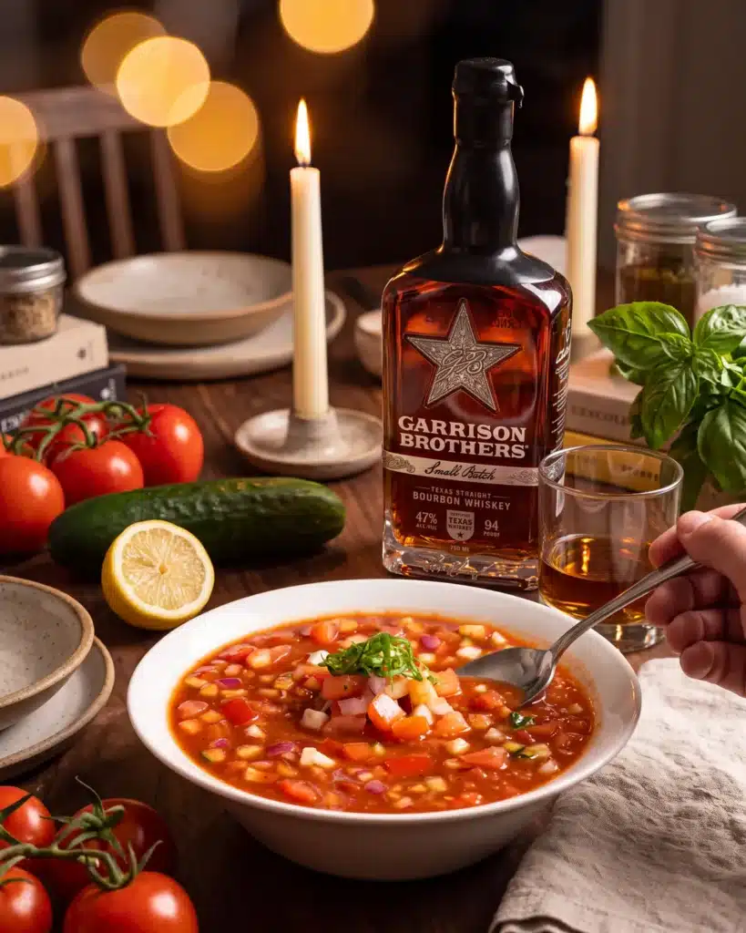 Bourbon Bloody Mary Gazpacho on a dining table with a bottle of Garrison Brothers Small Batch Bourbon