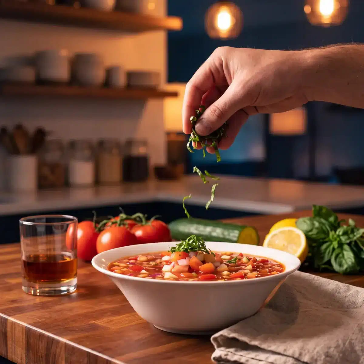 Bourbon Bloody Mary Gazpacho on a kitchen counter with a bottle of Garrison Brothers Small Batch Bourbon