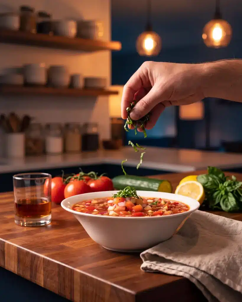 Bourbon Bloody Mary Gazpacho on a kitchen counter with a bottle of Garrison Brothers Small Batch Bourbon