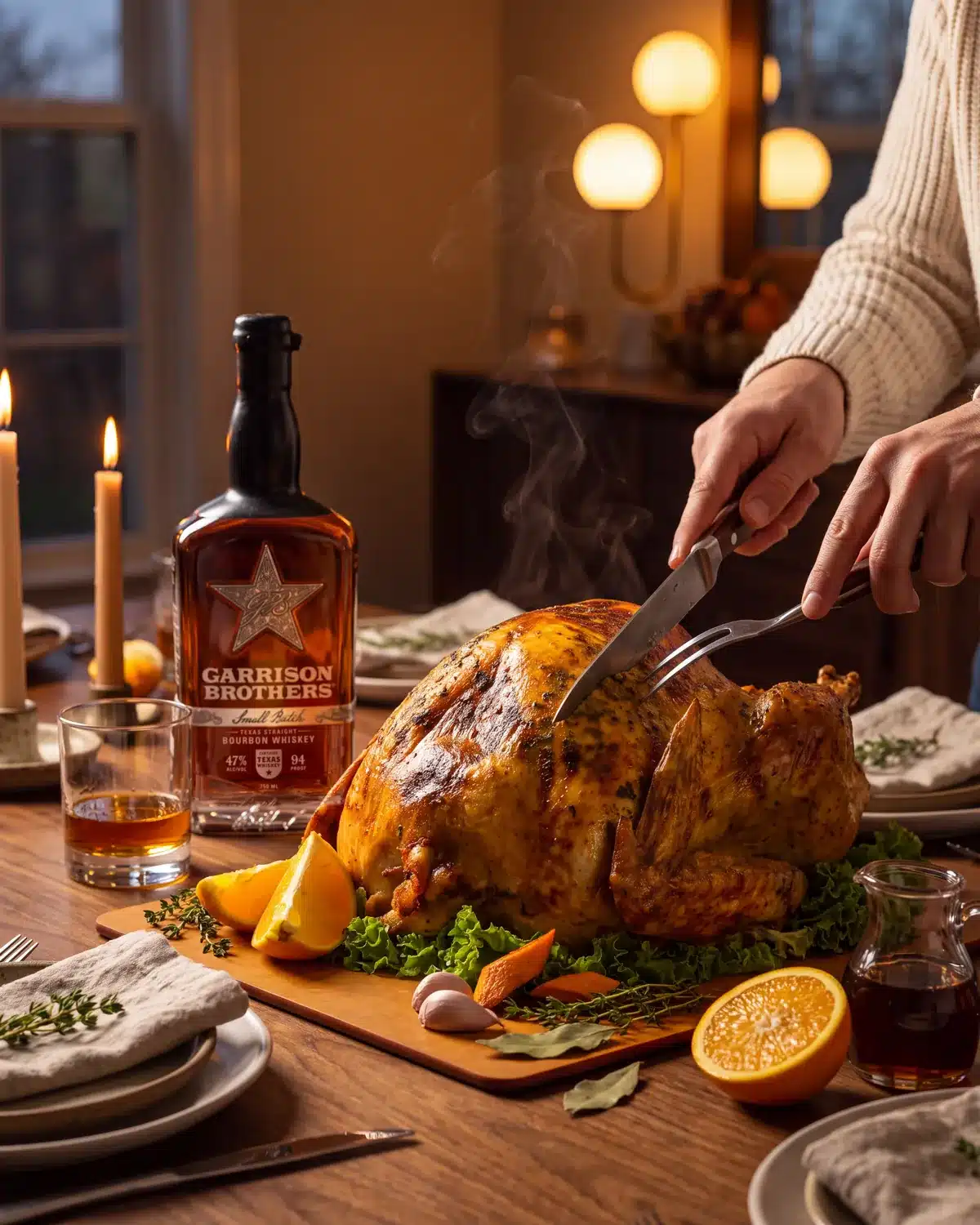 Bourbon Brined & Roasted Turkey on a dining table with a bottle of Garrison Brothers Small Batch Bourbon