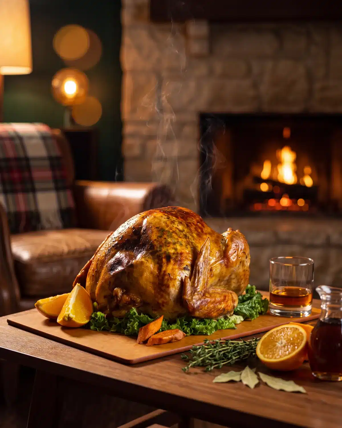 Bourbon Brined & Roasted Turkey by a stone fireplace with a bottle of Garrison Brothers Small Batch Bourbon