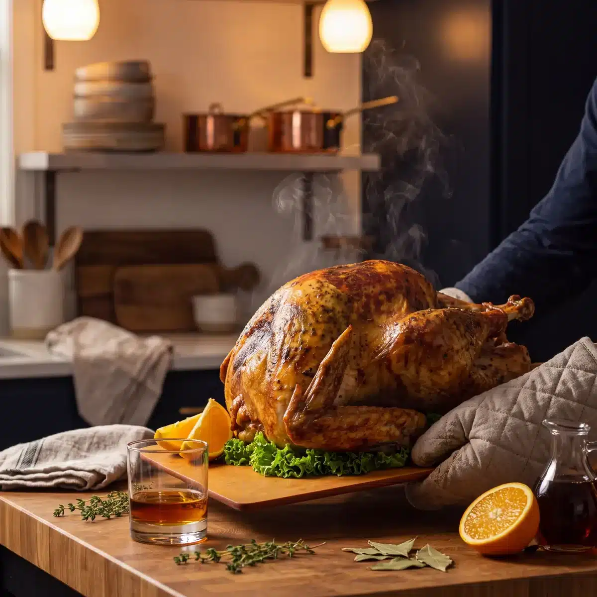 Bourbon Brined & Roasted Turkey on a kitchen counter with a bottle of Garrison Brothers Small Batch Bourbon