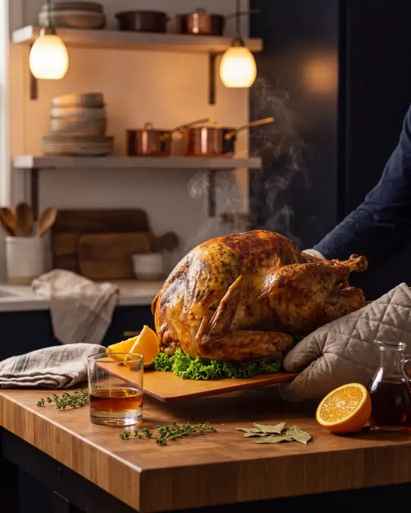 Bourbon Brined & Roasted Turkey on a kitchen counter with a bottle of Garrison Brothers Small Batch Bourbon