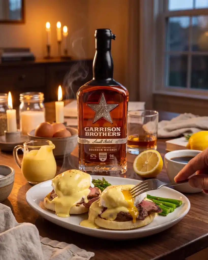 Bourbon Eggs Benedict on a dining table with a bottle of Garrison Brothers Small Batch Bourbon