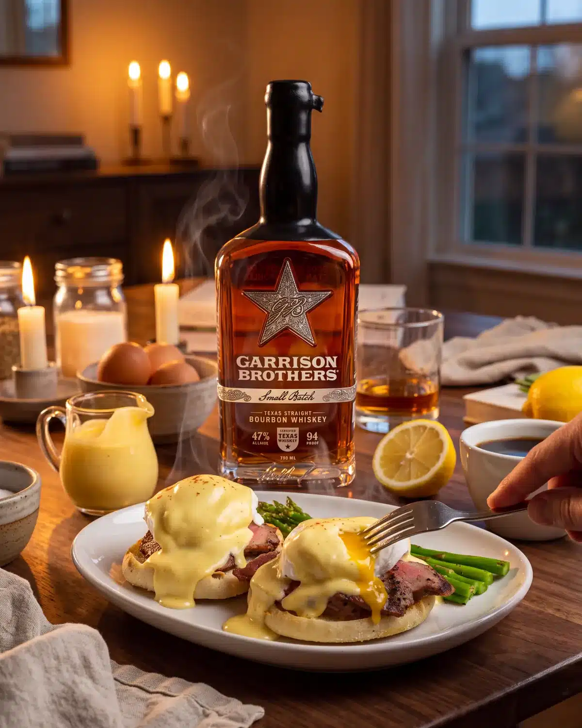 Bourbon Eggs Benedict on a dining table with a bottle of Garrison Brothers Small Batch Bourbon