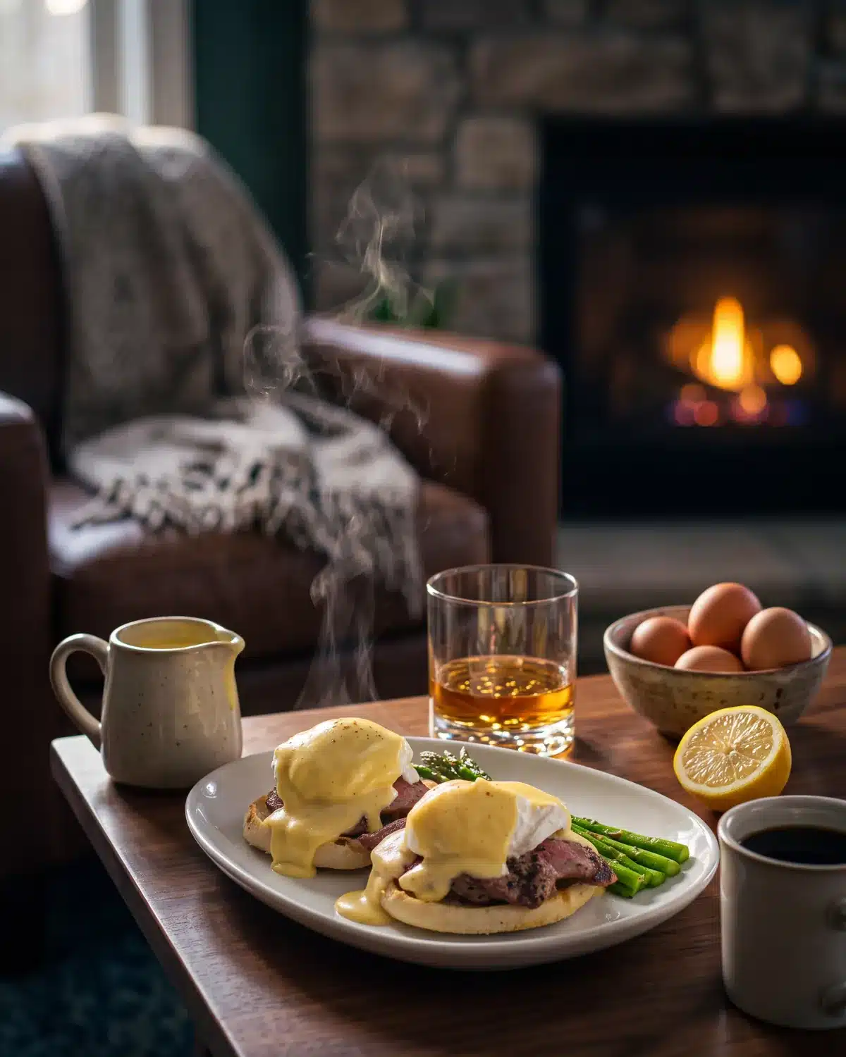 Bourbon Eggs Benedict by a stone fireplace with a bottle of Garrison Brothers Small Batch Bourbon