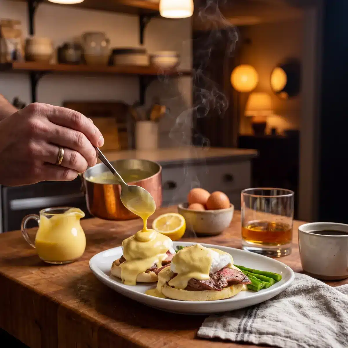 Bourbon Eggs Benedict on a kitchen counter with a bottle of Garrison Brothers Small Batch Bourbon