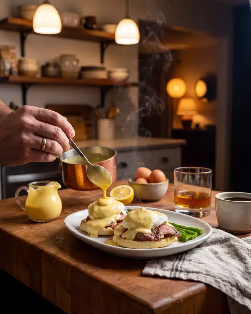 Bourbon Eggs Benedict on a kitchen counter with a bottle of Garrison Brothers Small Batch Bourbon