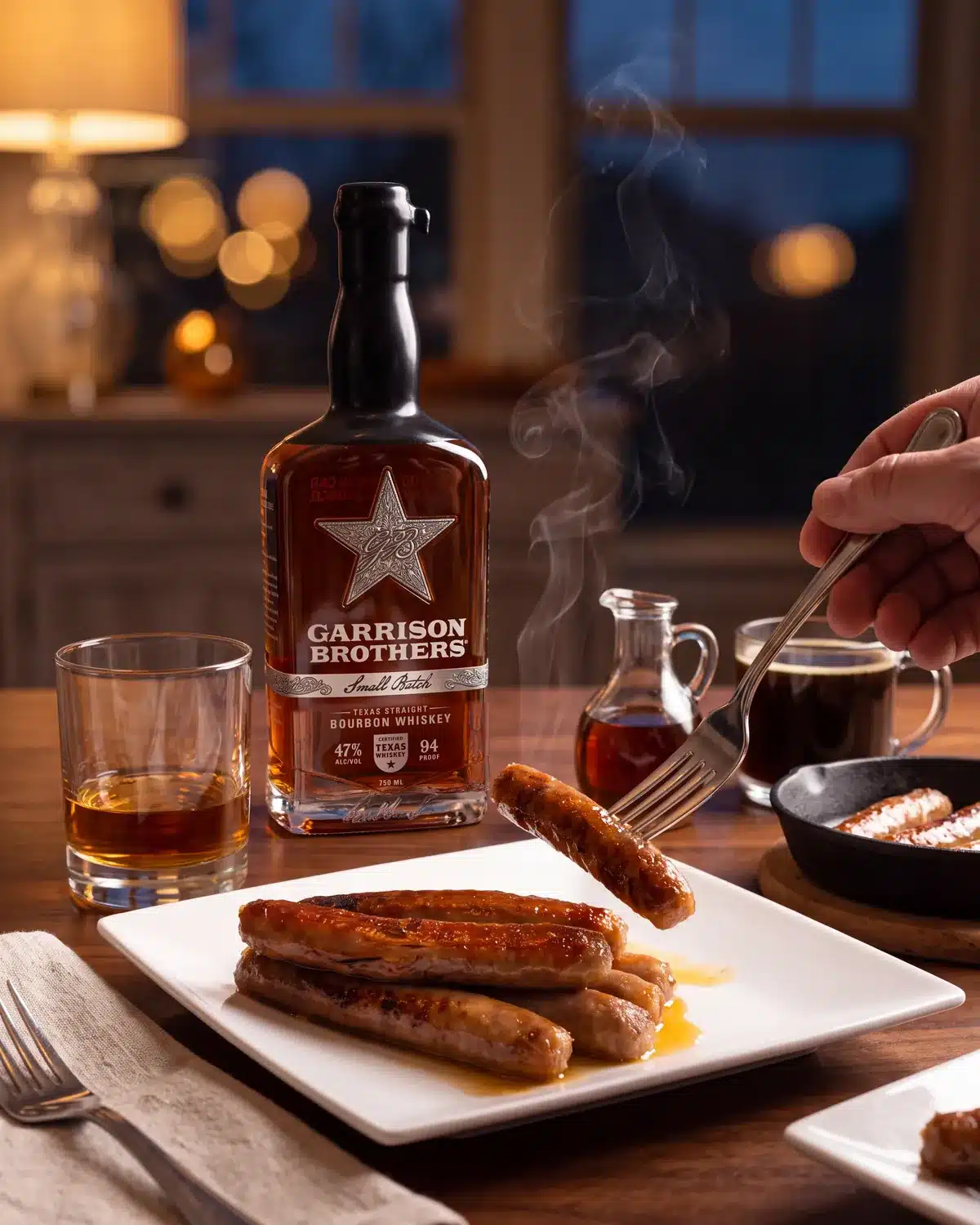Bourbon Maple Sausage on a dining table with a bottle of Garrison Brothers Small Batch Bourbon