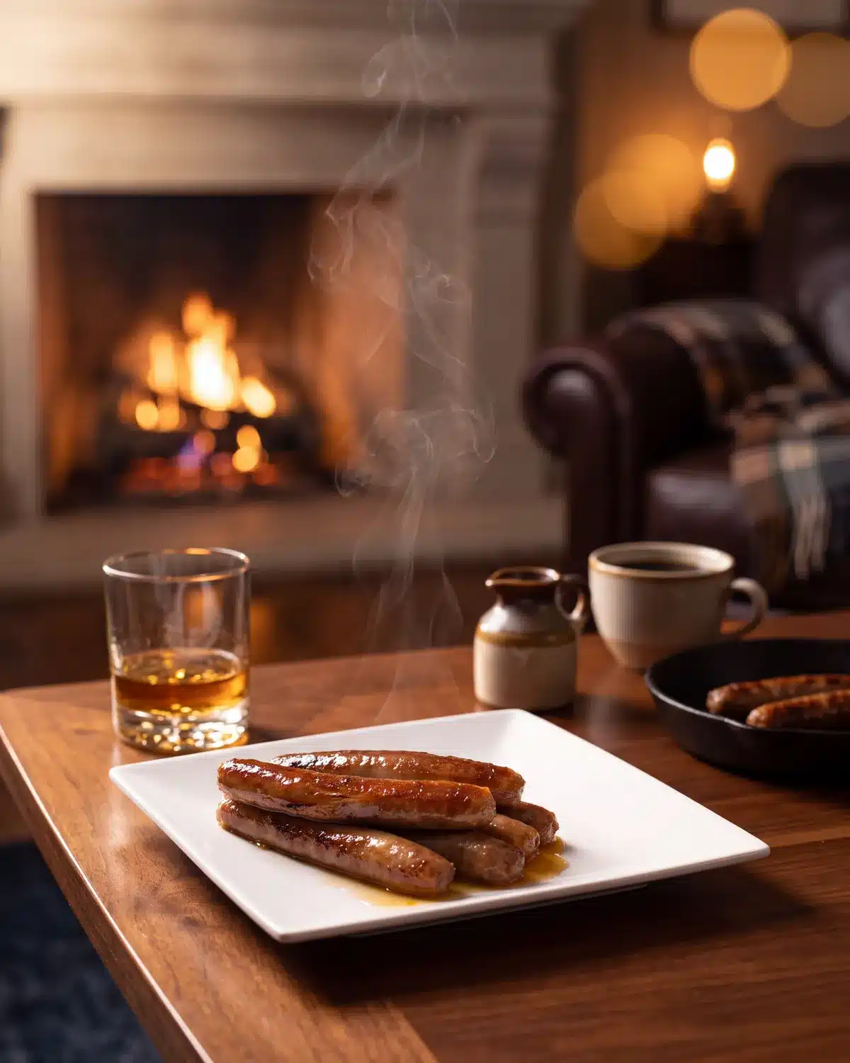 Bourbon Maple Sausage by a stone fireplace with a bottle of Garrison Brothers Small Batch Bourbon