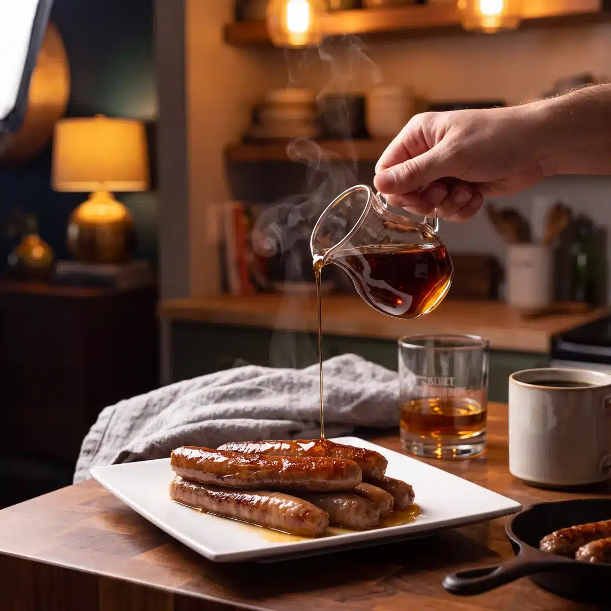 Bourbon Maple Sausage on a kitchen counter with a bottle of Garrison Brothers Small Batch Bourbon