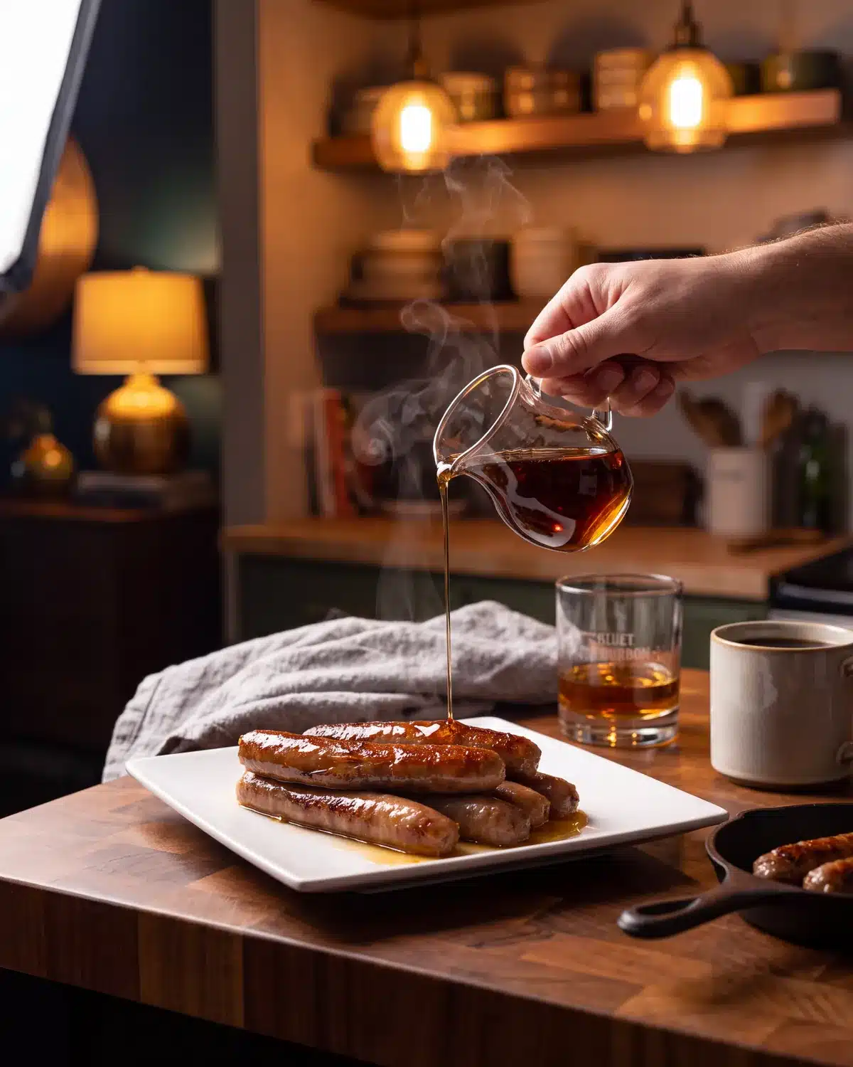 Bourbon Maple Sausage on a kitchen counter with a bottle of Garrison Brothers Small Batch Bourbon
