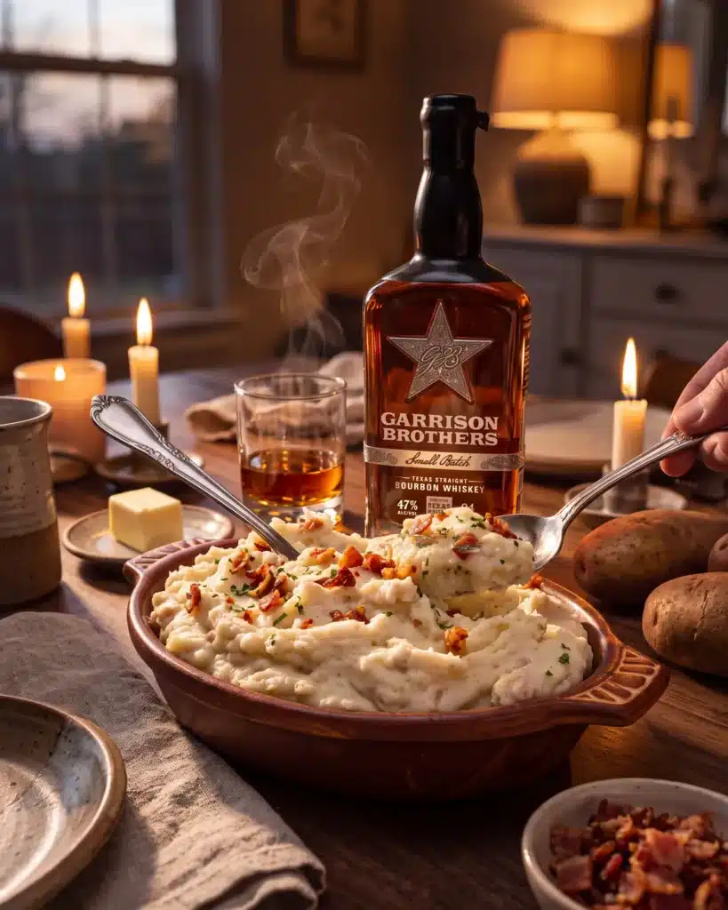 Bourbon Bacon Butter Mashed Potatoes on a dining table with a bottle of Garrison Brothers Small Batch Bourbon