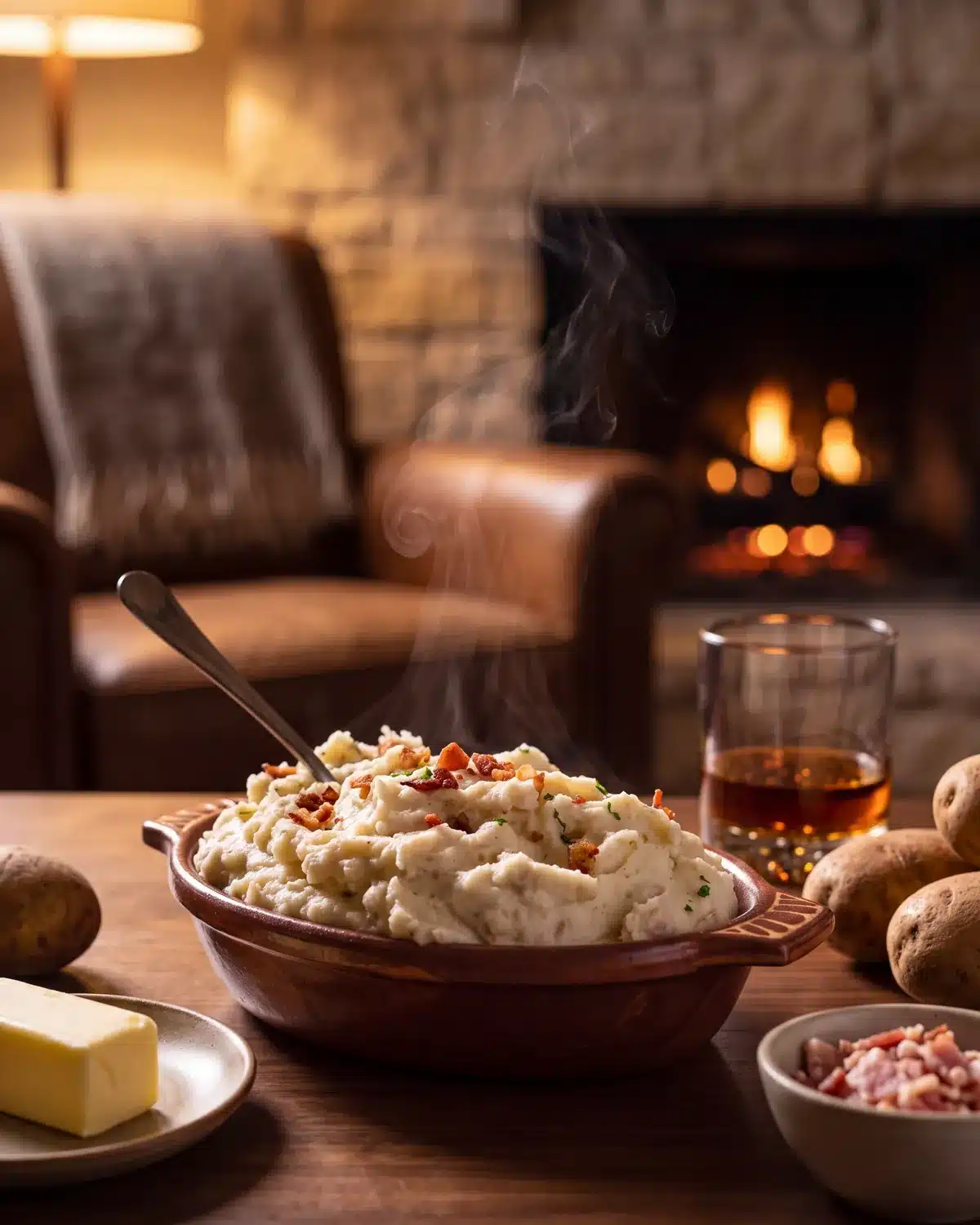 Bourbon Bacon Butter Mashed Potatoes by a stone fireplace with a bottle of Garrison Brothers Small Batch Bourbon