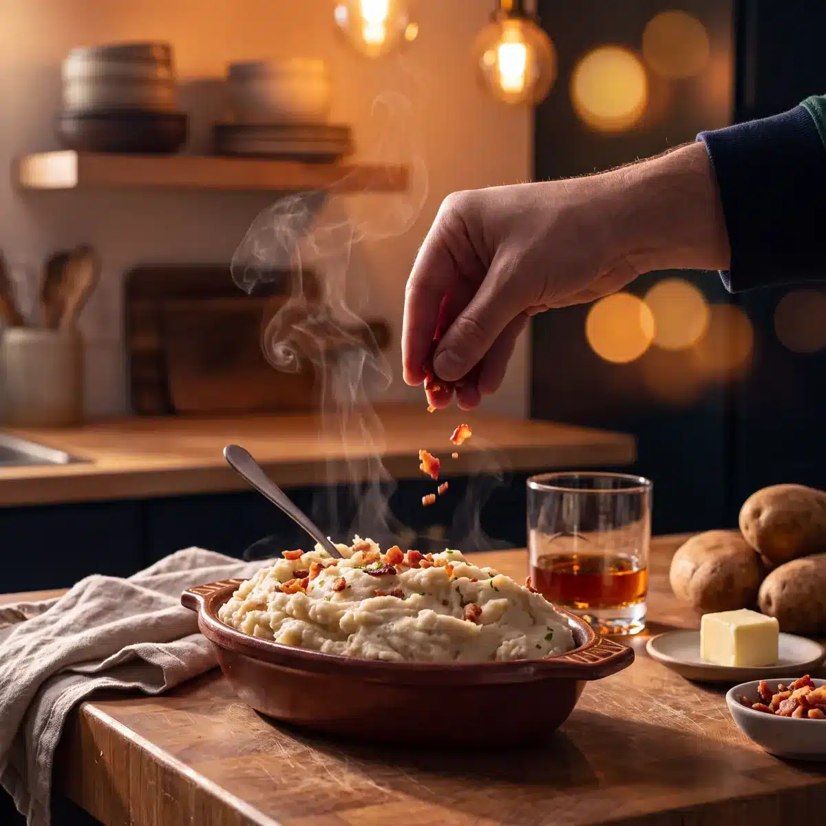 Bourbon Bacon Butter Mashed Potatoes on a kitchen counter with a bottle of Garrison Brothers Small Batch Bourbon