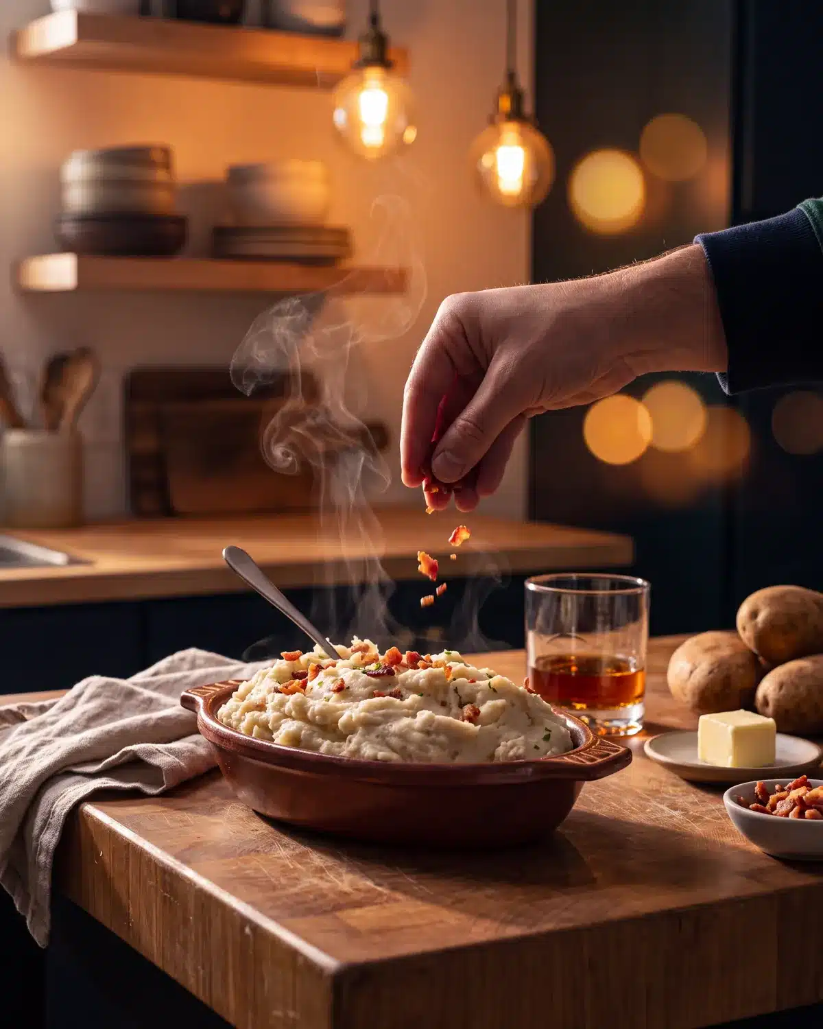 Bourbon Bacon Butter Mashed Potatoes on a kitchen counter with a bottle of Garrison Brothers Small Batch Bourbon