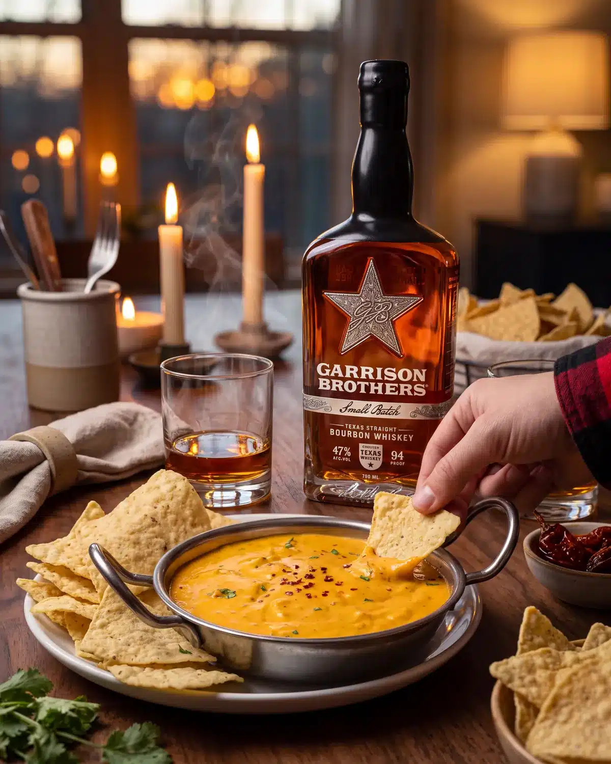 Chipotle Bourbon Queso Dip on a dining table with a bottle of Garrison Brothers Small Batch Bourbon