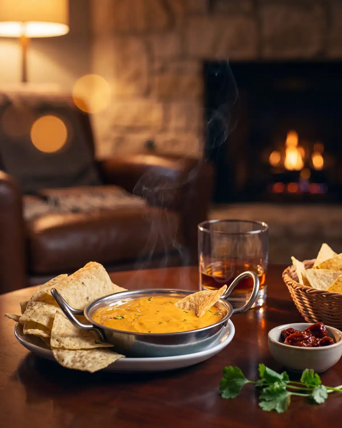 Chipotle Bourbon Queso Dip by a stone fireplace with a bottle of Garrison Brothers Small Batch Bourbon