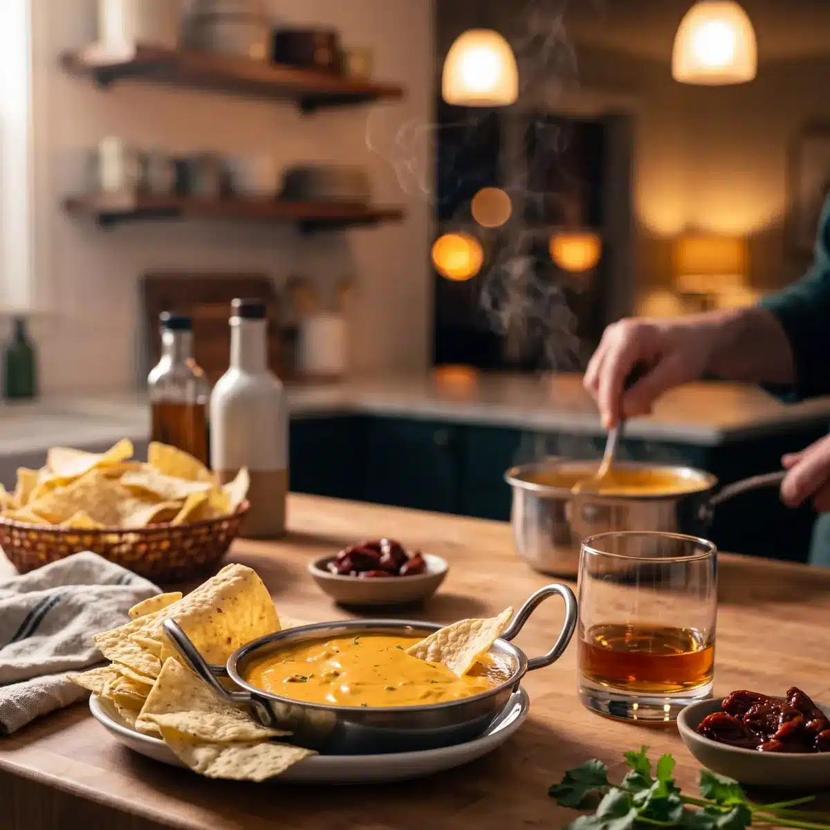 Chipotle Bourbon Queso Dip on a kitchen counter with a bottle of Garrison Brothers Small Batch Bourbon