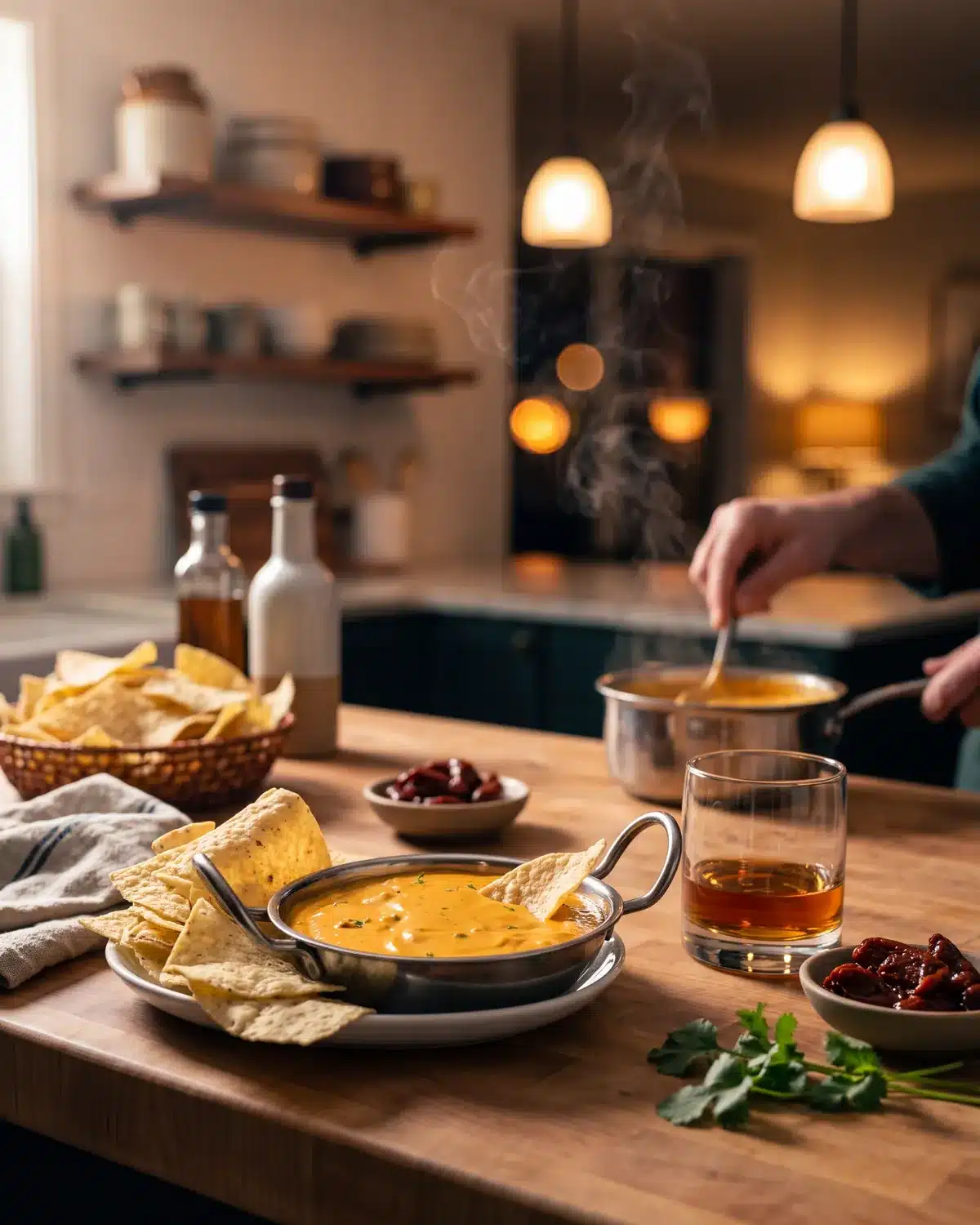 Chipotle Bourbon Queso Dip on a kitchen counter with a bottle of Garrison Brothers Small Batch Bourbon