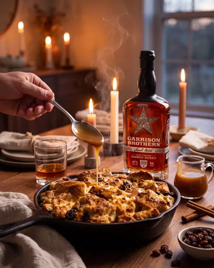Cinnamon Hot Toddy Bread Pudding on a dining table with a bottle of Garrison Brothers Small Batch Bourbon