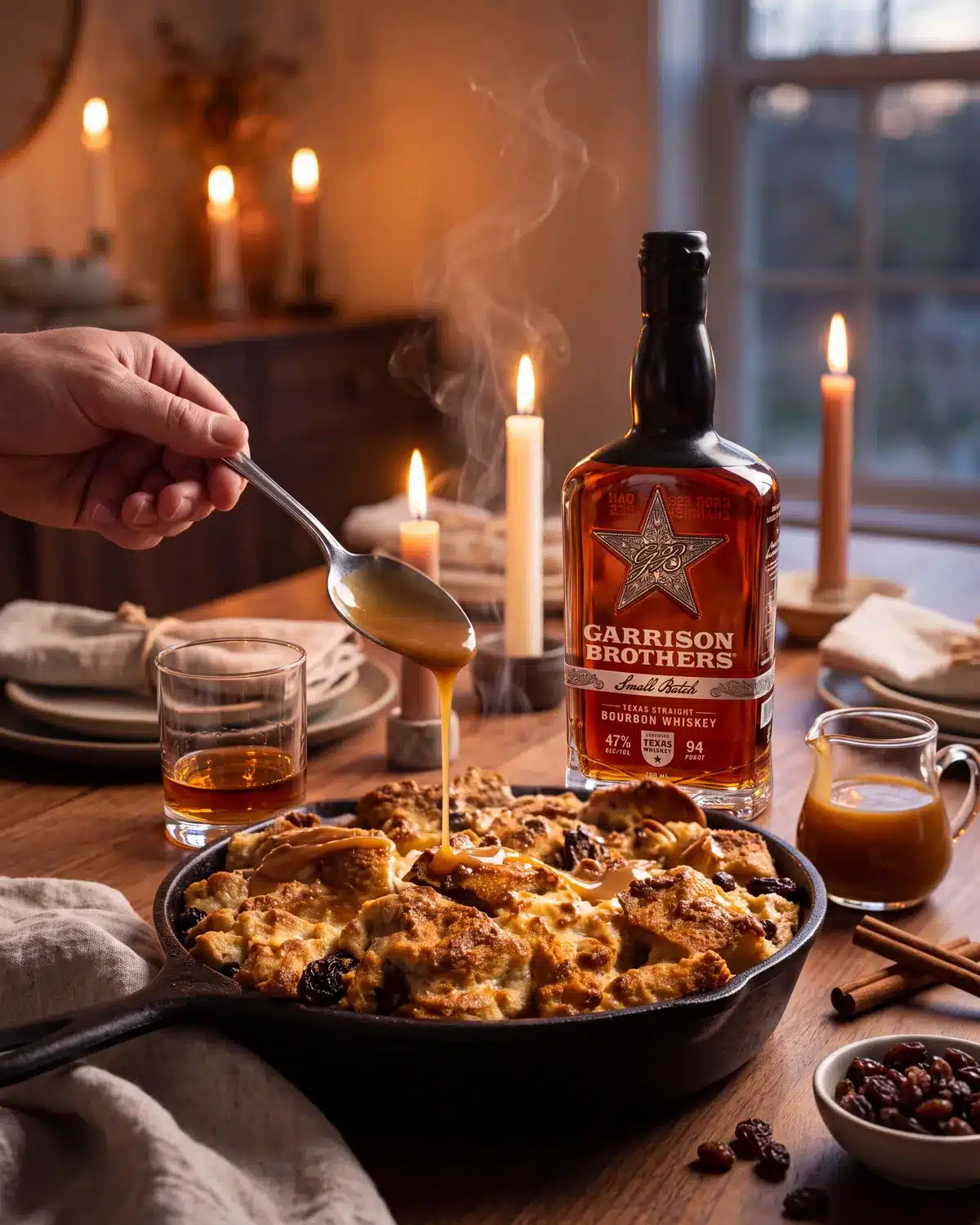 Cinnamon Hot Toddy Bread Pudding on a dining table with a bottle of Garrison Brothers Small Batch Bourbon
