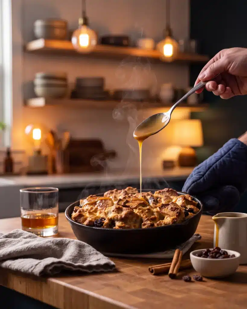 Cinnamon Hot Toddy Bread Pudding on a kitchen counter with a bottle of Garrison Brothers Small Batch Bourbon