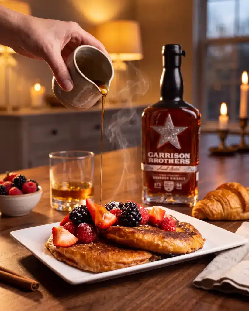 French Toasted Bourbon Croissants on a dining table with a bottle of Garrison Brothers Small Batch Bourbon