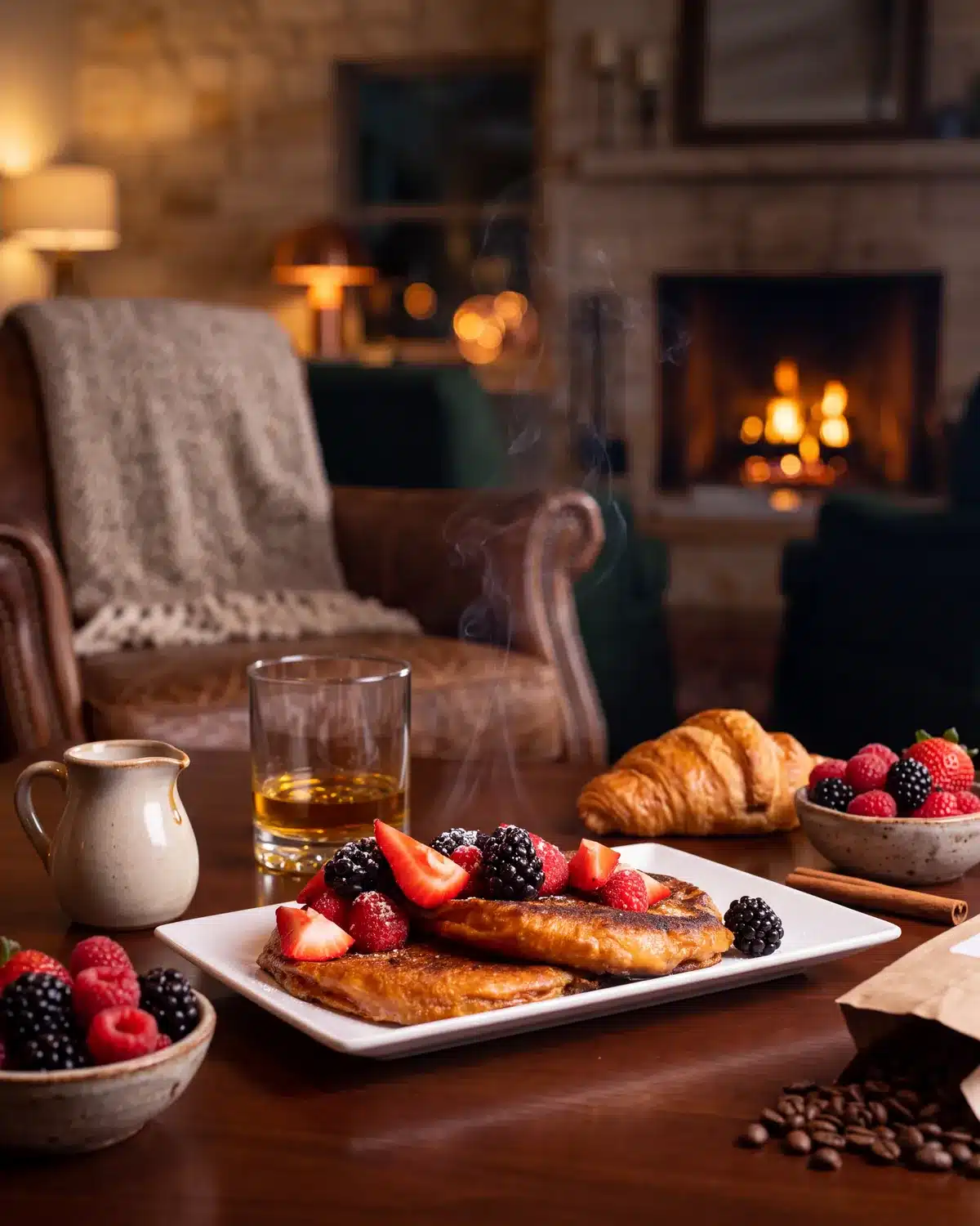 French Toasted Bourbon Croissants by a stone fireplace with a bottle of Garrison Brothers Small Batch Bourbon