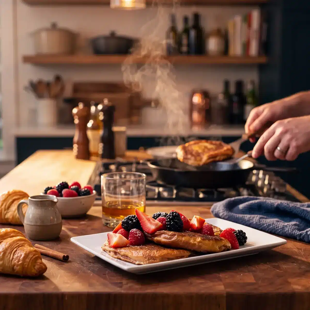 French Toasted Bourbon Croissants on a kitchen counter with a bottle of Garrison Brothers Small Batch Bourbon