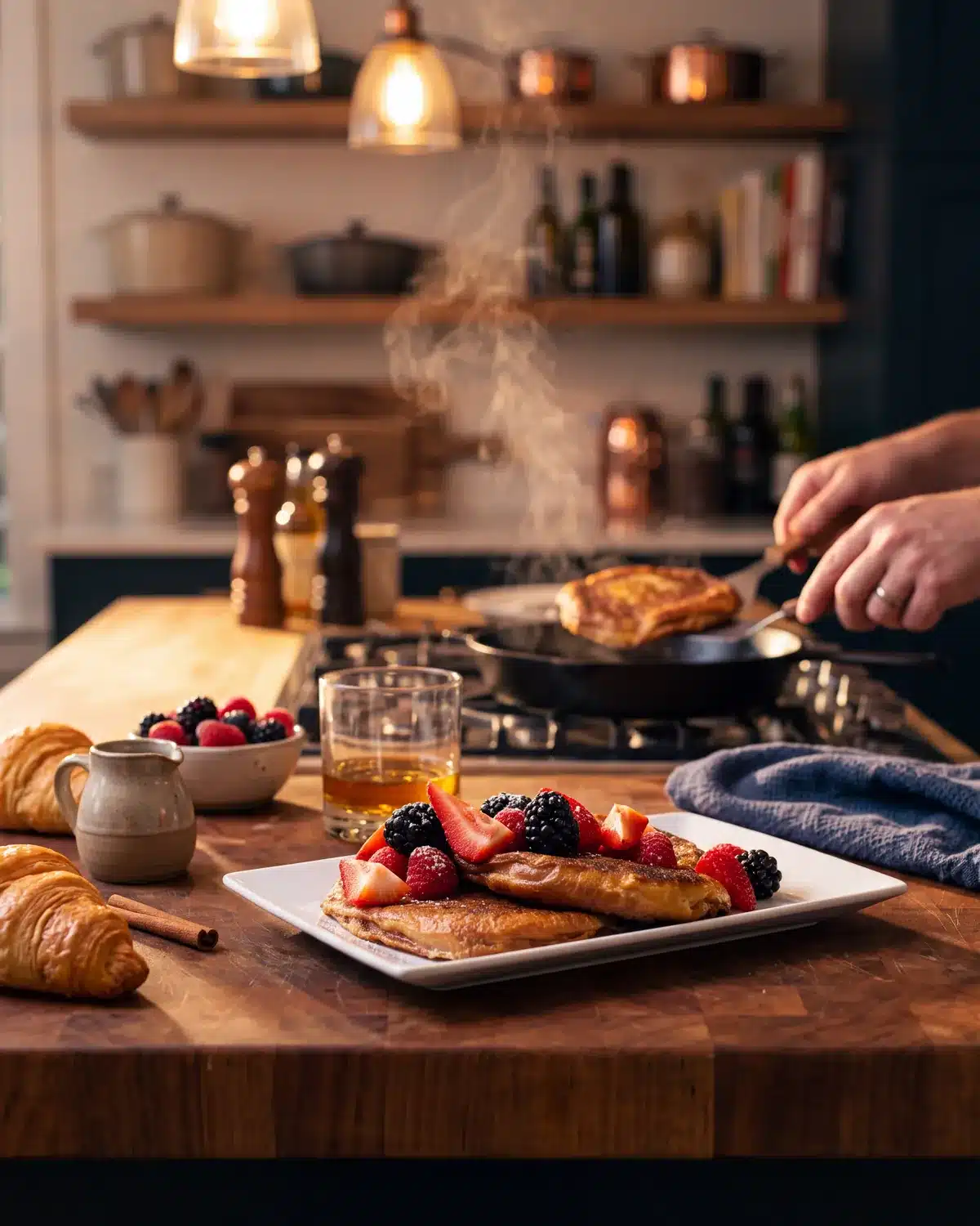 French Toasted Bourbon Croissants on a kitchen counter with a bottle of Garrison Brothers Small Batch Bourbon