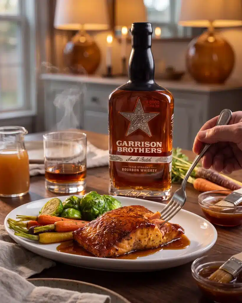 Bourbon Cider Glazed Salmon on a dining table with a bottle of Garrison Brothers Small Batch Bourbon