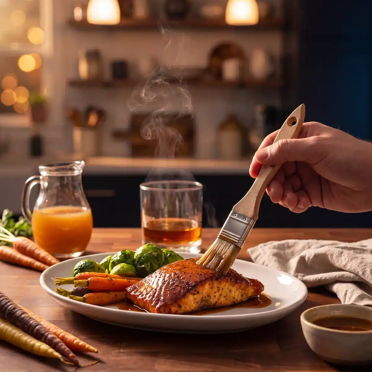 Bourbon Cider Glazed Salmon on a kitchen counter with a bottle of Garrison Brothers Small Batch Bourbon