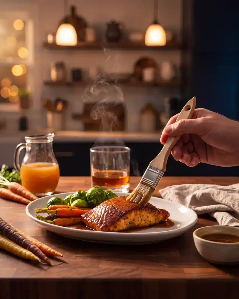 Bourbon Cider Glazed Salmon on a kitchen counter with a bottle of Garrison Brothers Small Batch Bourbon