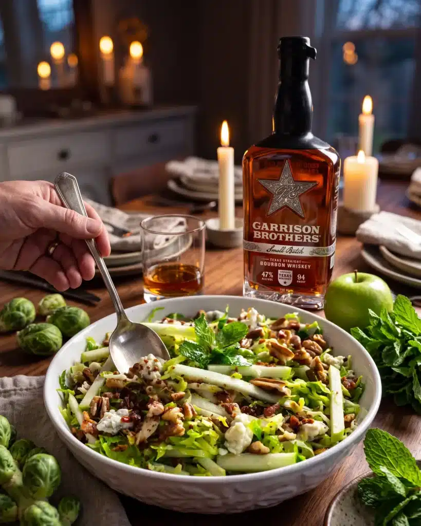 Mint Julep Apple & Brussels Sprout Salad on a dining table with a bottle of Garrison Brothers Small Batch Bourbon
