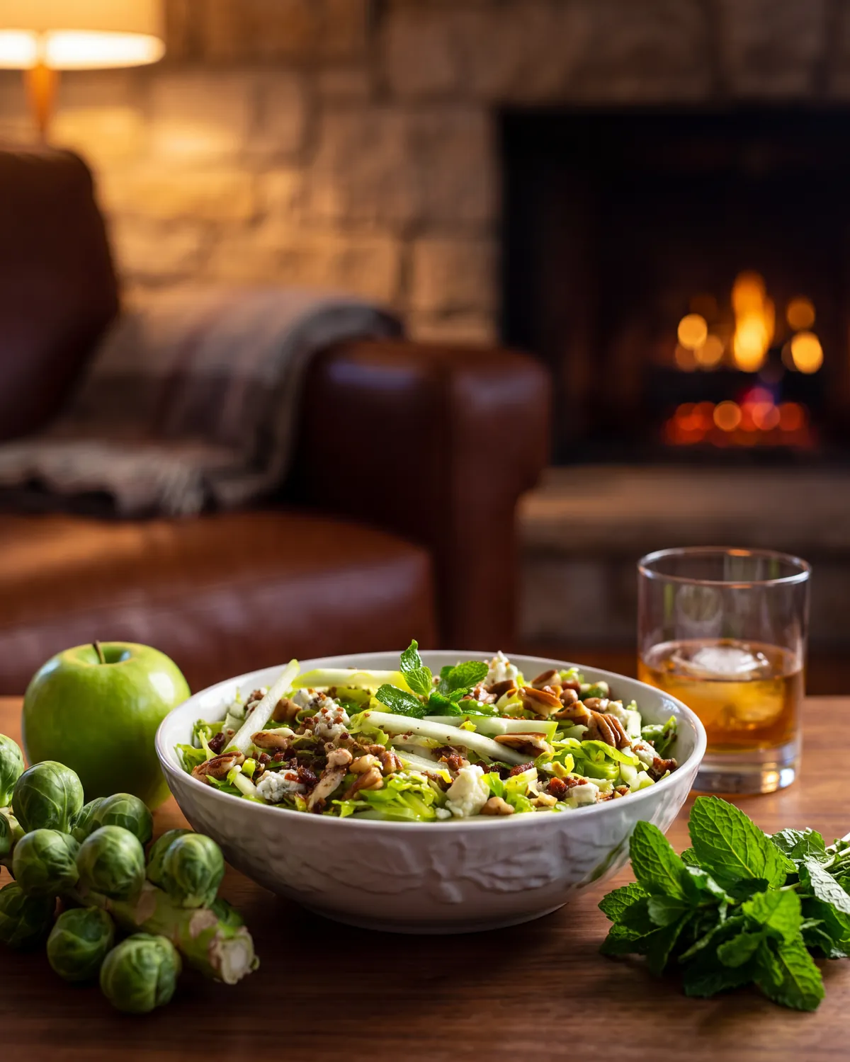 Mint Julep Apple & Brussels Sprout Salad by a stone fireplace with a bottle of Garrison Brothers Small Batch Bourbon