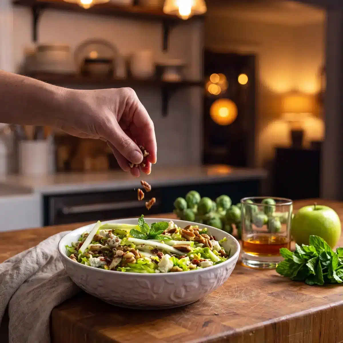 Mint Julep Apple & Brussels Sprout Salad on a kitchen counter with a bottle of Garrison Brothers Small Batch Bourbon