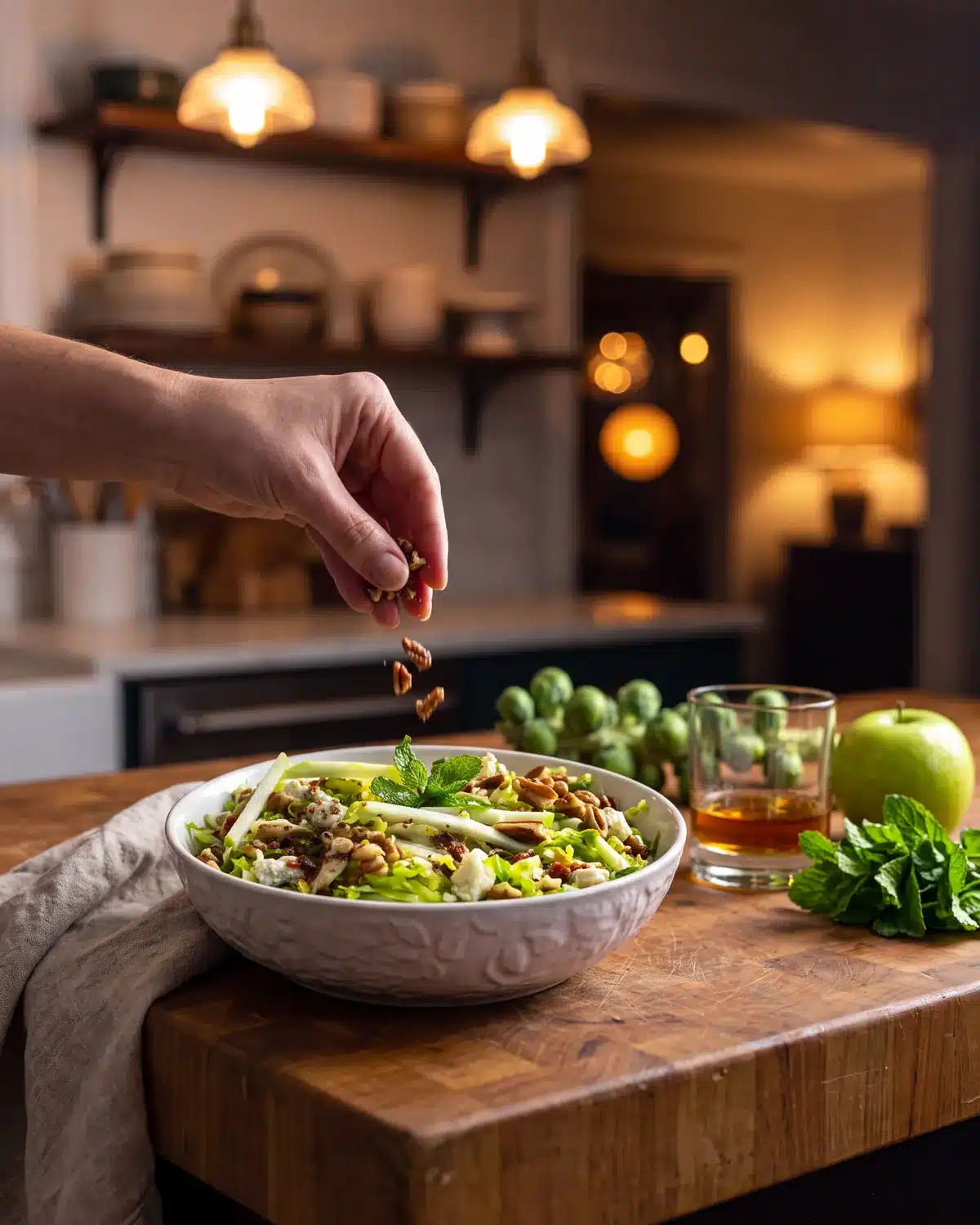 Mint Julep Apple & Brussels Sprout Salad on a kitchen counter with a bottle of Garrison Brothers Small Batch Bourbon