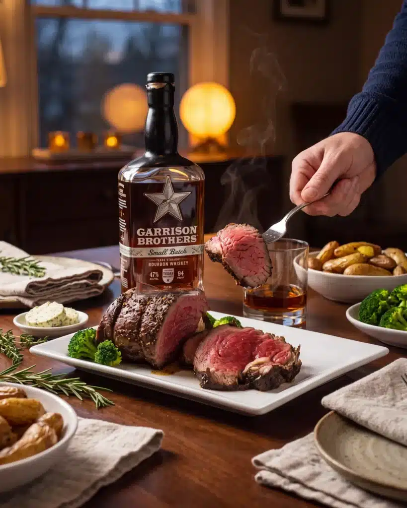 New York Sour Balsamic Tenderloin on a dining table with a bottle of Garrison Brothers Small Batch Bourbon