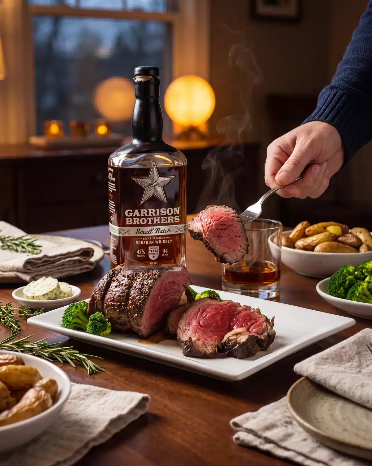 New York Sour Balsamic Tenderloin on a dining table with a bottle of Garrison Brothers Small Batch Bourbon