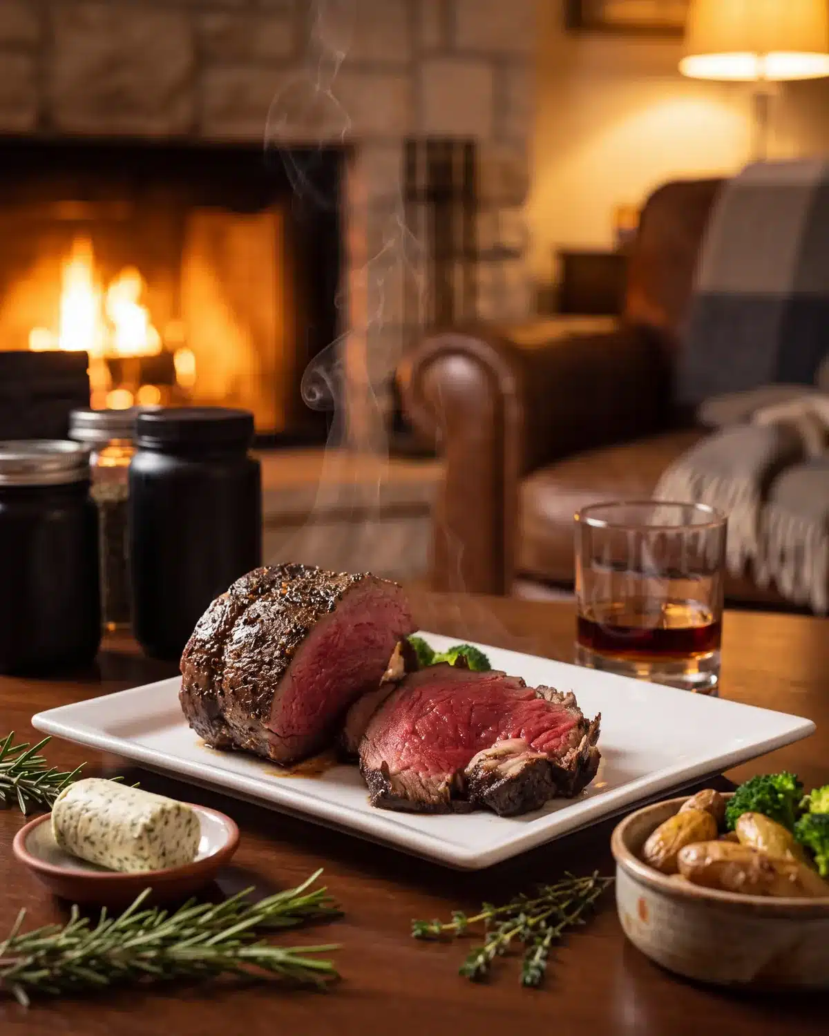 New York Sour Balsamic Tenderloin by a stone fireplace with a bottle of Garrison Brothers Small Batch Bourbon
