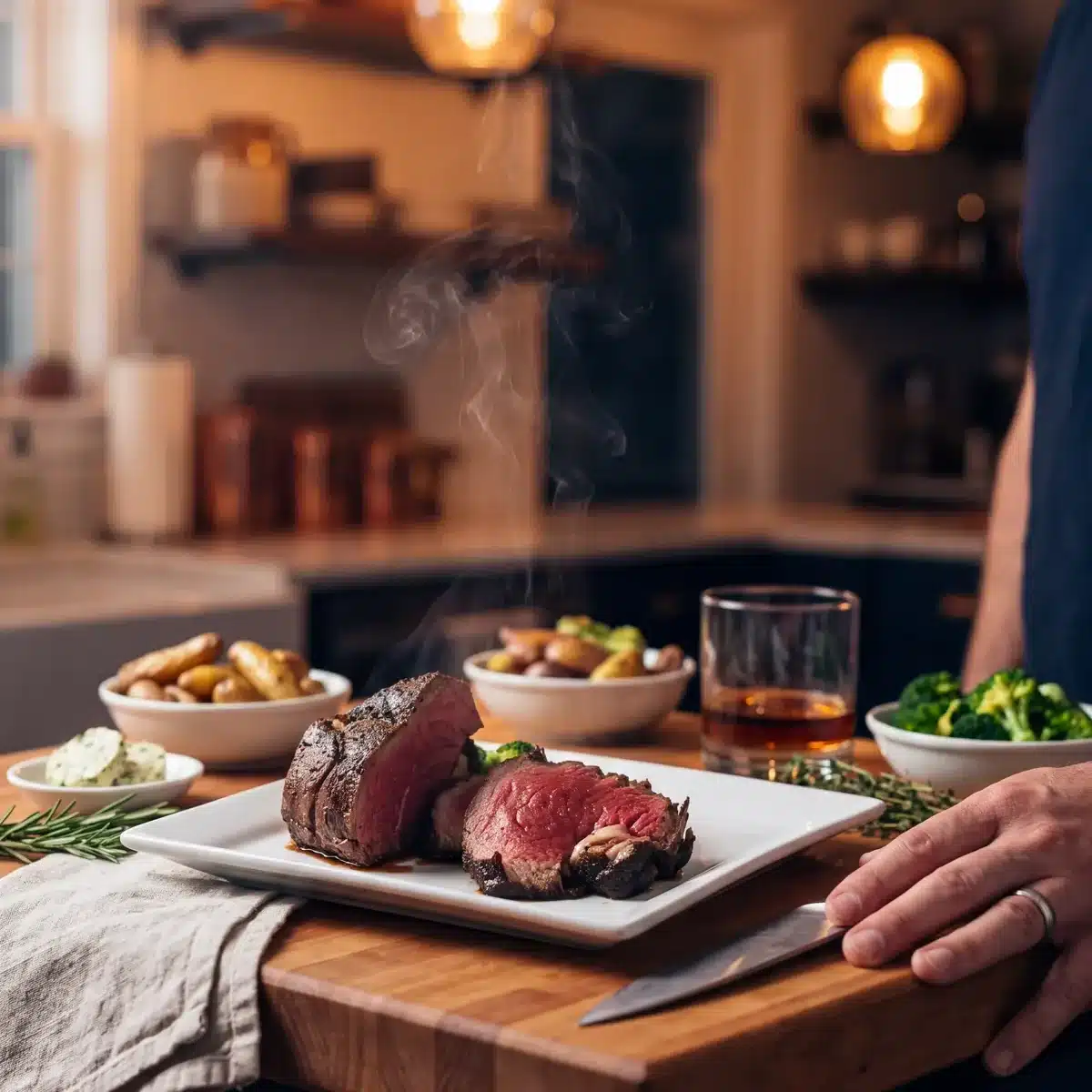 New York Sour Balsamic Tenderloin on a kitchen counter with a bottle of Garrison Brothers Small Batch Bourbon