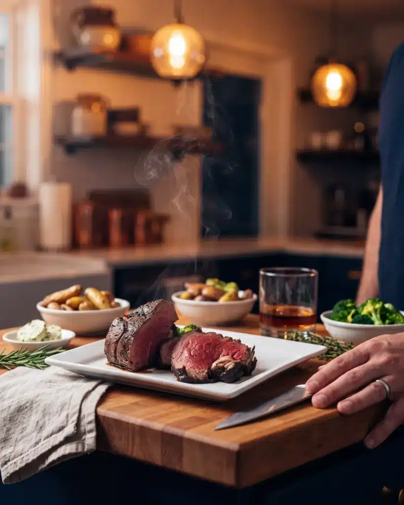 New York Sour Balsamic Tenderloin on a kitchen counter with a bottle of Garrison Brothers Small Batch Bourbon