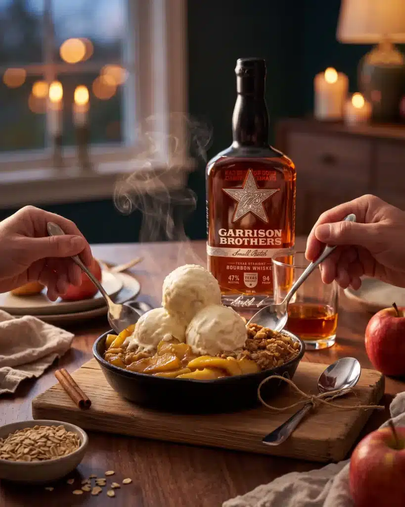 Bourbon Apple Crisp on a dining table with a bottle of Garrison Brothers Small Batch Bourbon