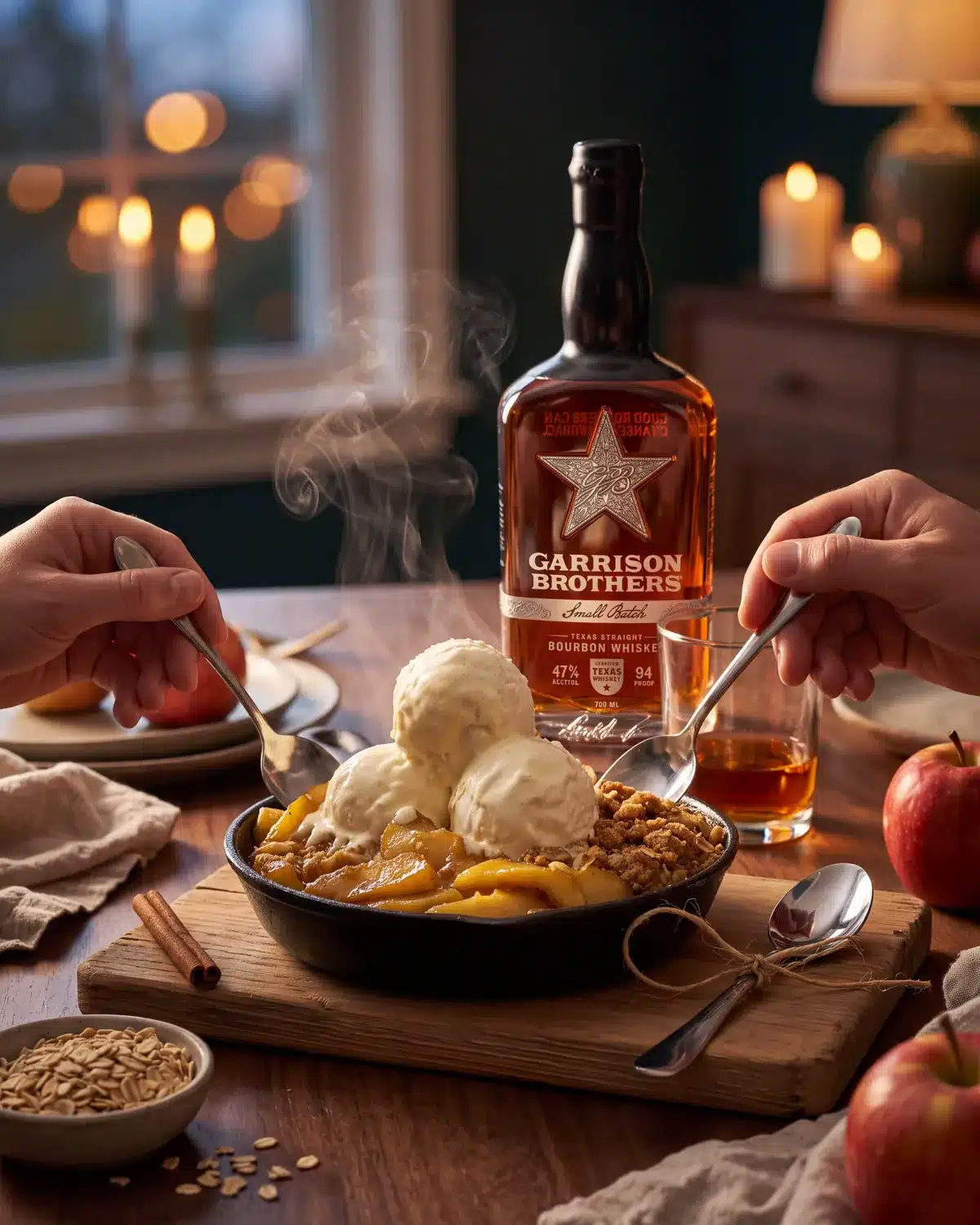 Bourbon Apple Crisp on a dining table with a bottle of Garrison Brothers Small Batch Bourbon