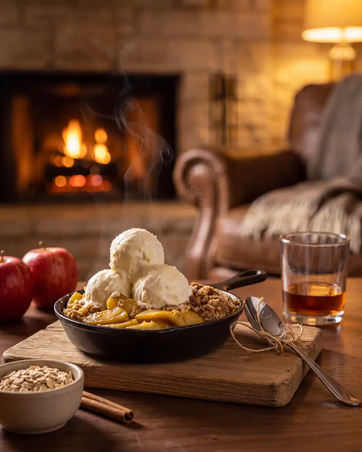 Bourbon Apple Crisp by a stone fireplace with a bottle of Garrison Brothers Small Batch Bourbon