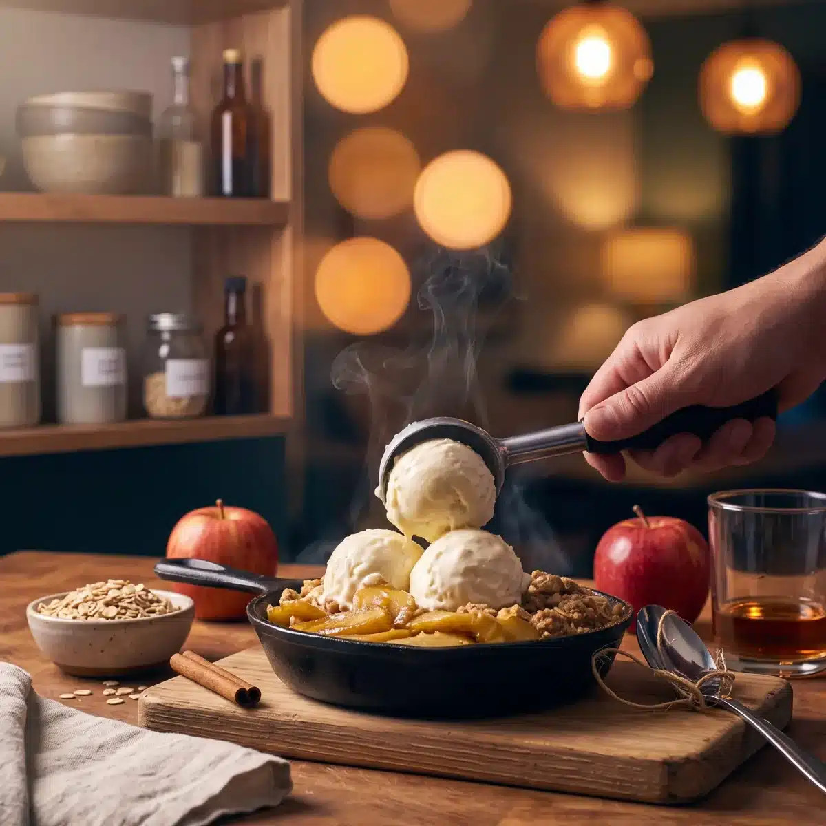 Bourbon Apple Crisp on a kitchen counter with a bottle of Garrison Brothers Small Batch Bourbon
