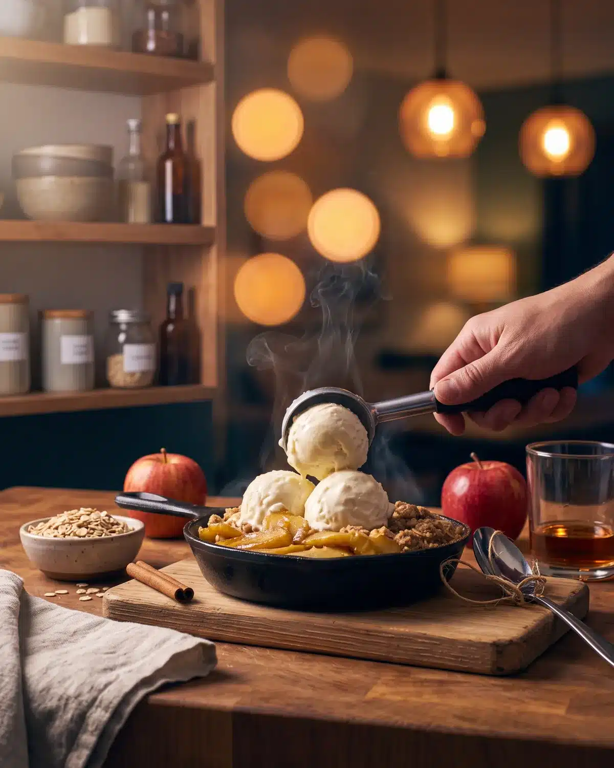 Bourbon Apple Crisp on a kitchen counter with a bottle of Garrison Brothers Small Batch Bourbon