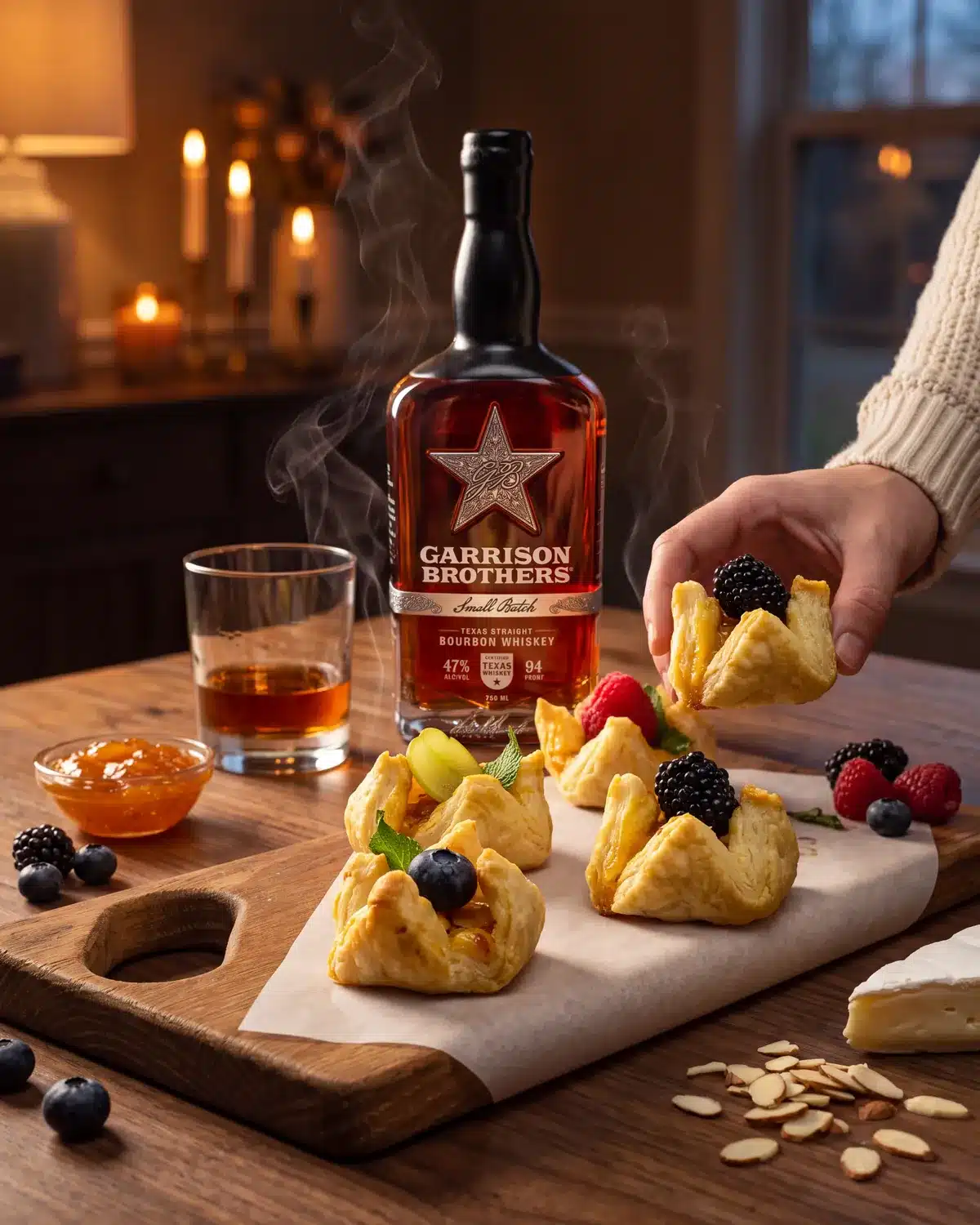 Bourbon Brie Puff Pastry on a dining table with a bottle of Garrison Brothers Small Batch Bourbon