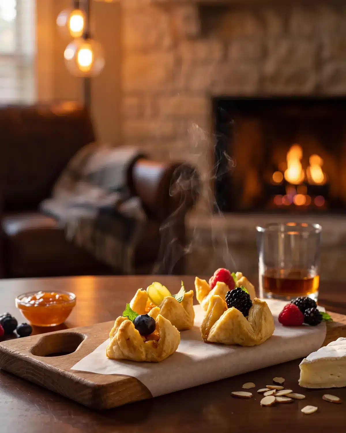 Bourbon Brie Puff Pastry by a stone fireplace with a bottle of Garrison Brothers Small Batch Bourbon